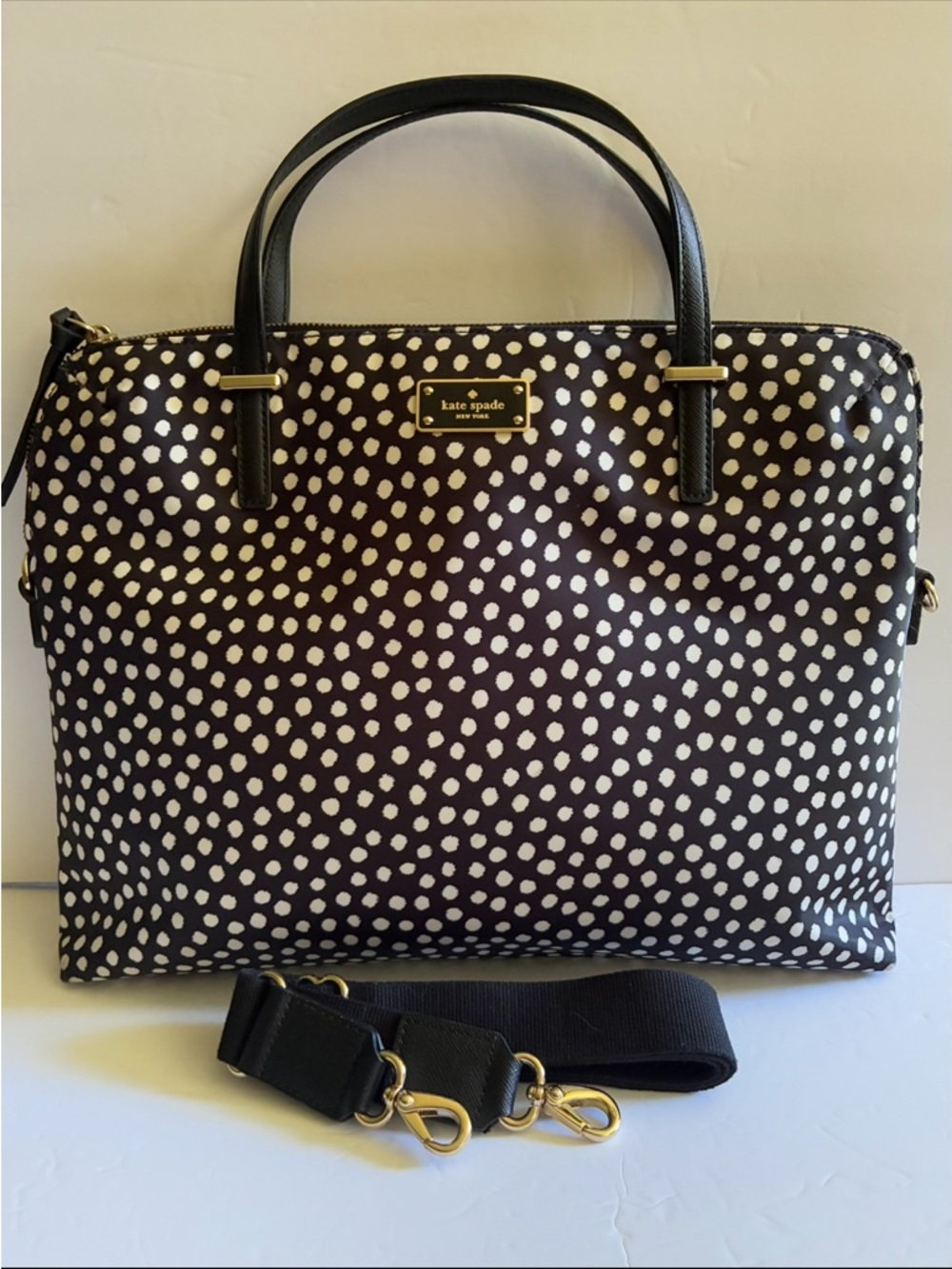Kate Spade Black and White Polka Dot Nylon Laptop Bag with Detachable Strap